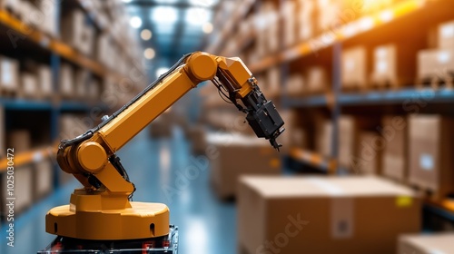 Industrial robotic arm in a warehouse, automating the handling of boxed goods.