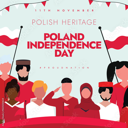 Poland Independence Day. 11th November Polish Independence day celebration banner with its flags, people of different age wearing red and white clothes. The day recalls restoration of Poland in 1918