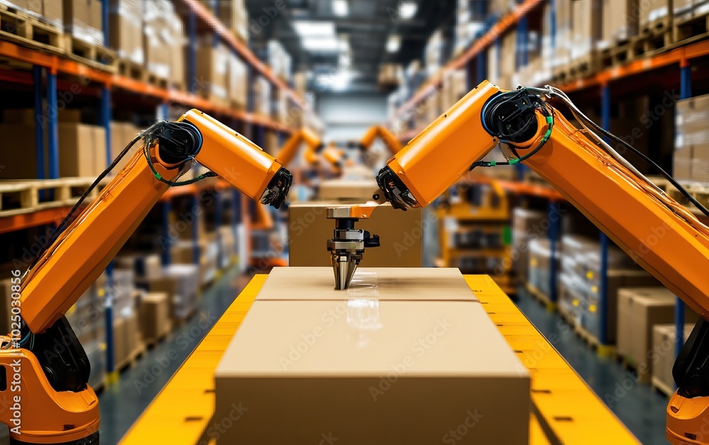 Fototapeta premium Robotic arms working efficiently in a warehouse setting for automated packaging and handling tasks.