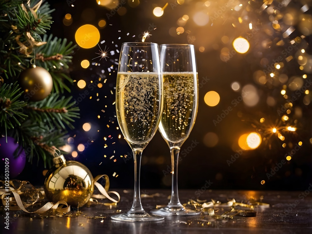New Year's celebration with champagne and fireworks New Year's celebration with champagne and fireworks