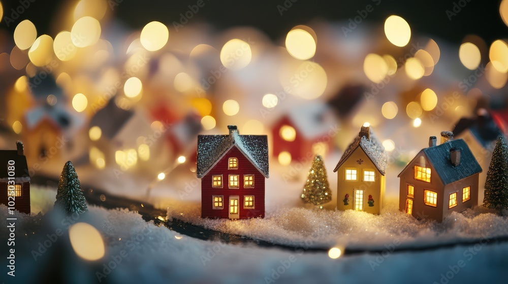 Miniature city with snow-covered houses at night. AI generated illustration. Miniature city with snow-covered houses at night. AI generated illustration.