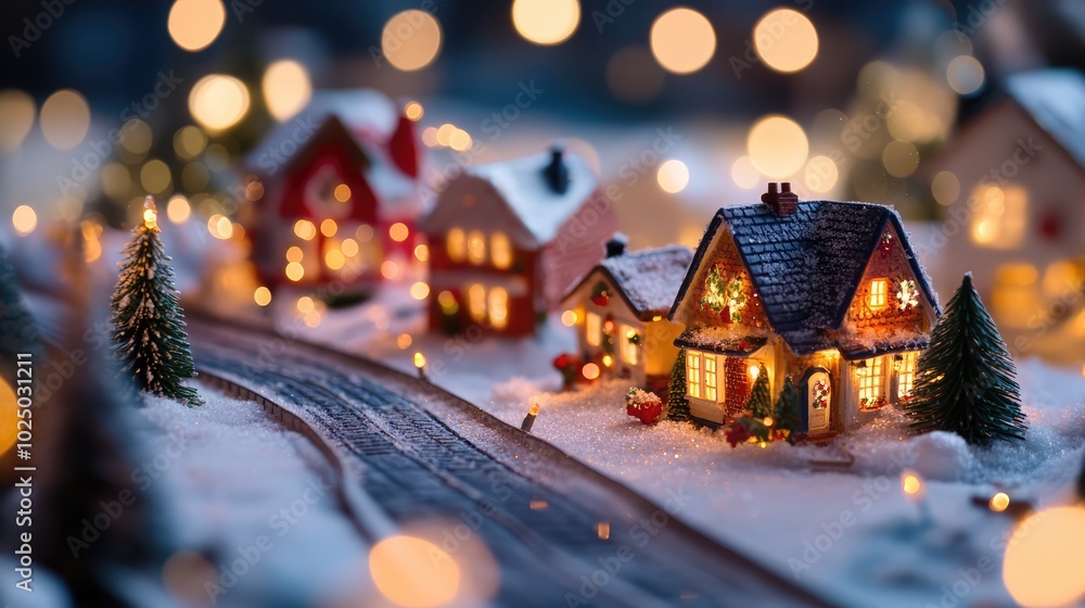 Miniature city with snow-covered houses at night. AI generated illustration. Miniature city with snow-covered houses at night. AI generated illustration.