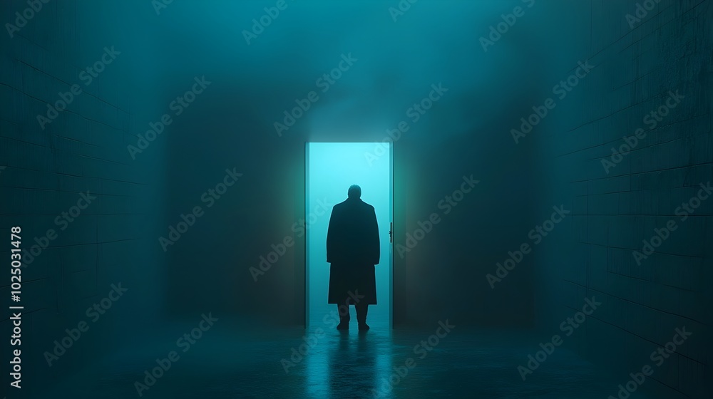 Mysterious silhouette standing at the end of a long dark corridor with fading misty light creating an eerie supernatural atmosphere Mysterious silhouette standing at the end of a long dark corridor with fading misty light creating an eerie supernatural atmosphere