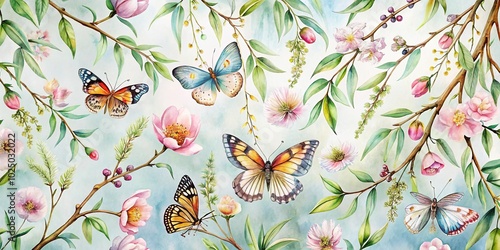 Fototapeta Naklejka Na Ścianę i Meble -  Watercolor painting of delicate flowers and butterflies on willow branches with a blurred background