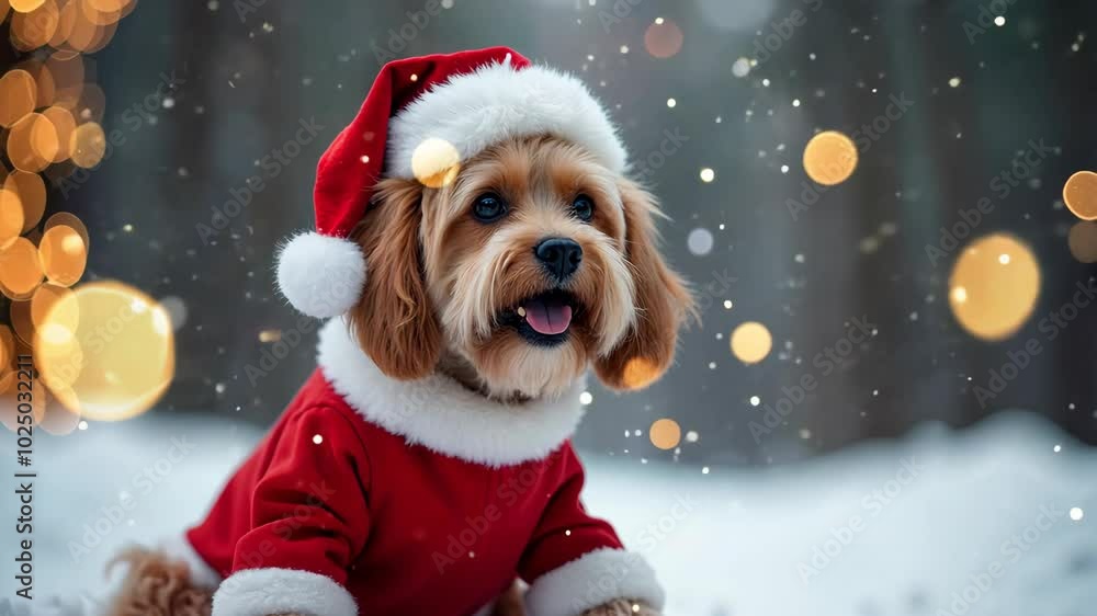 A dog dressed as Santa, standing in front of a snowy background, christmas animals A dog dressed as Santa, standing in front of a snowy background, christmas animals
