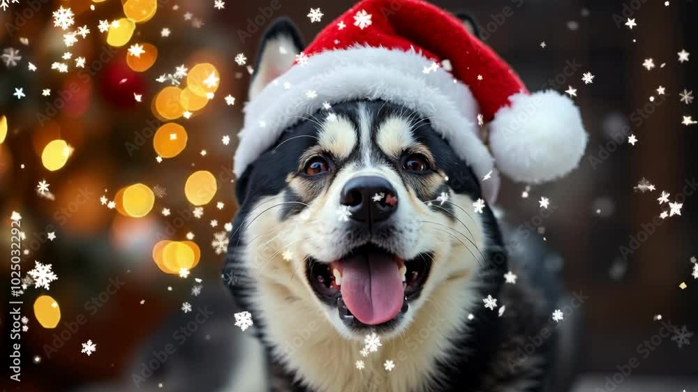 A husky dog in a Santa hat, sitting in a snowy village at night, christmas animals A husky dog in a Santa hat, sitting in a snowy village at night, christmas animals