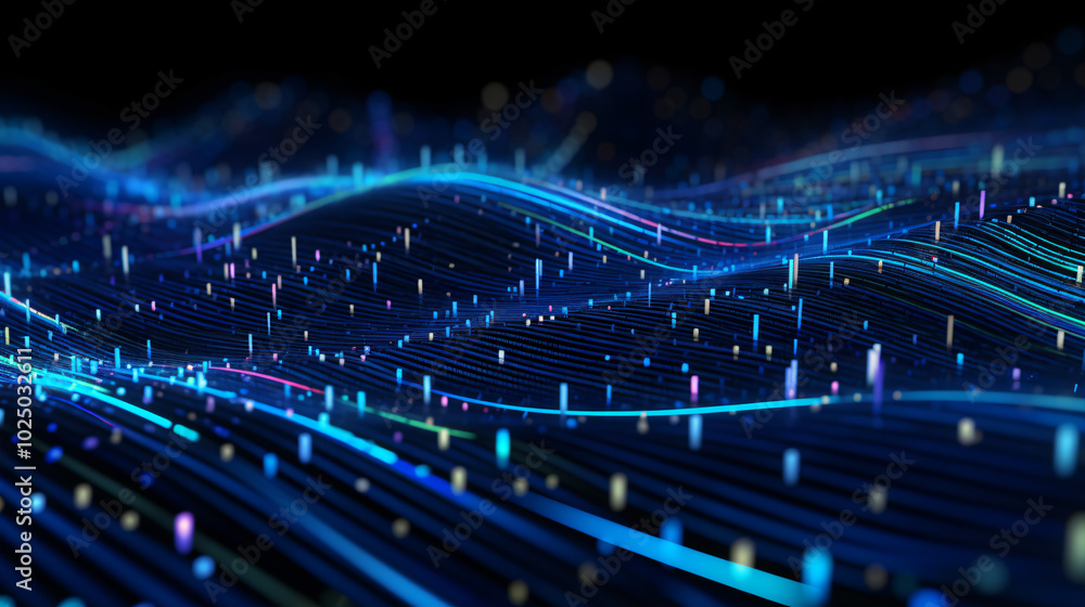 Fototapeta premium Digital holographic neon waves, data transfer, information exchange, ai technology using and transmitting information, digital patterns background. Cyberspace