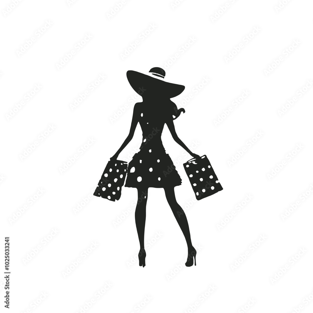 Fototapeta premium A young woman with long hair wearing a polka dot dress, holding shopping bags