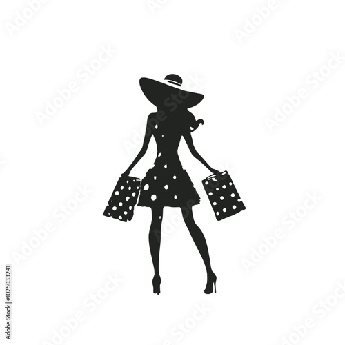 A young woman with long hair wearing a polka dot dress, holding shopping bags