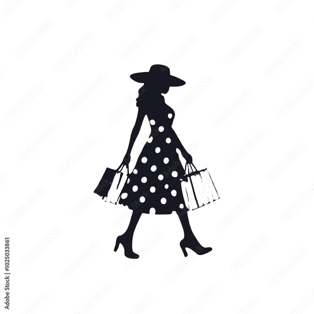 A young woman with long hair wearing a polka dot dress, holding shopping bags A young woman with long hair wearing a polka dot dress, holding shopping bags