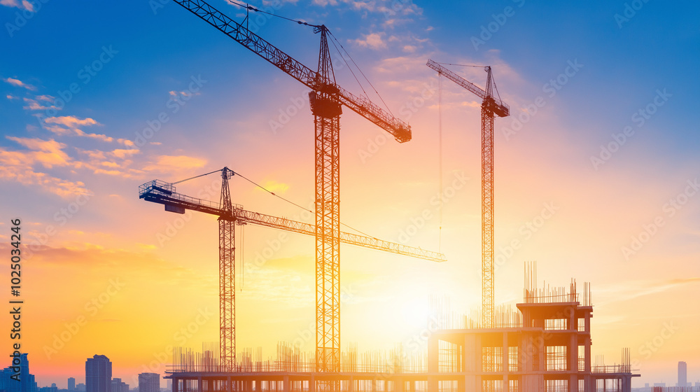 Blueprint with active construction site, cranes, steel frame building taking shape Blueprint with active construction site, cranes, steel frame building taking shape