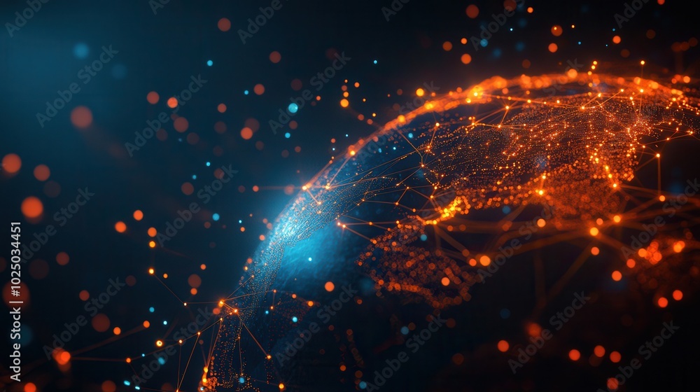 Obraz premium Abstract digital representation of global network with glowing nodes and connections, illustrating technology and innovation on dark background.