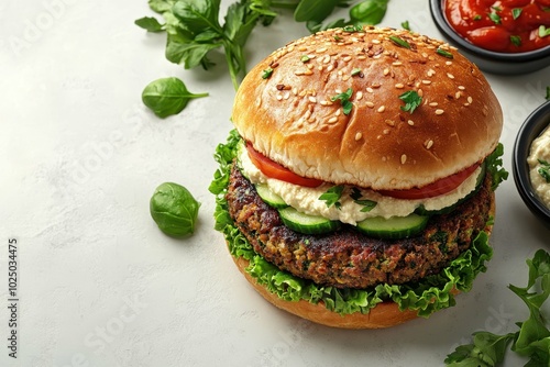 Mediterranean falafel burger without top bun, garnished with hummus, cucumber, and tomato, placed on the right side of a clean white table, professional overhead shot.