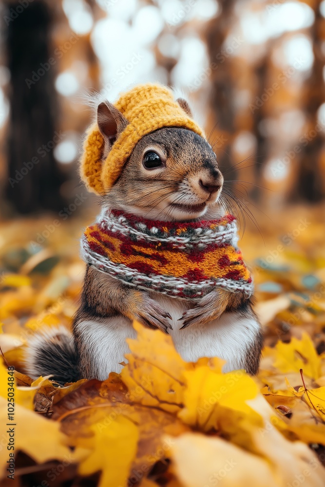 Obraz premium Squirrel sits on autumn leaves in forest. Wearing yellow beanie, red scarf, orange scarf. Squirrel smiles, looks at camera. Background blurred trees, foliage. Serene forest atmosphere, autumn