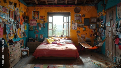 Vibrant and eclectic Jamaican teen bedroom featuring a cozy hammock by the window surrounded by reggae inspired posters colorful tapestries photo