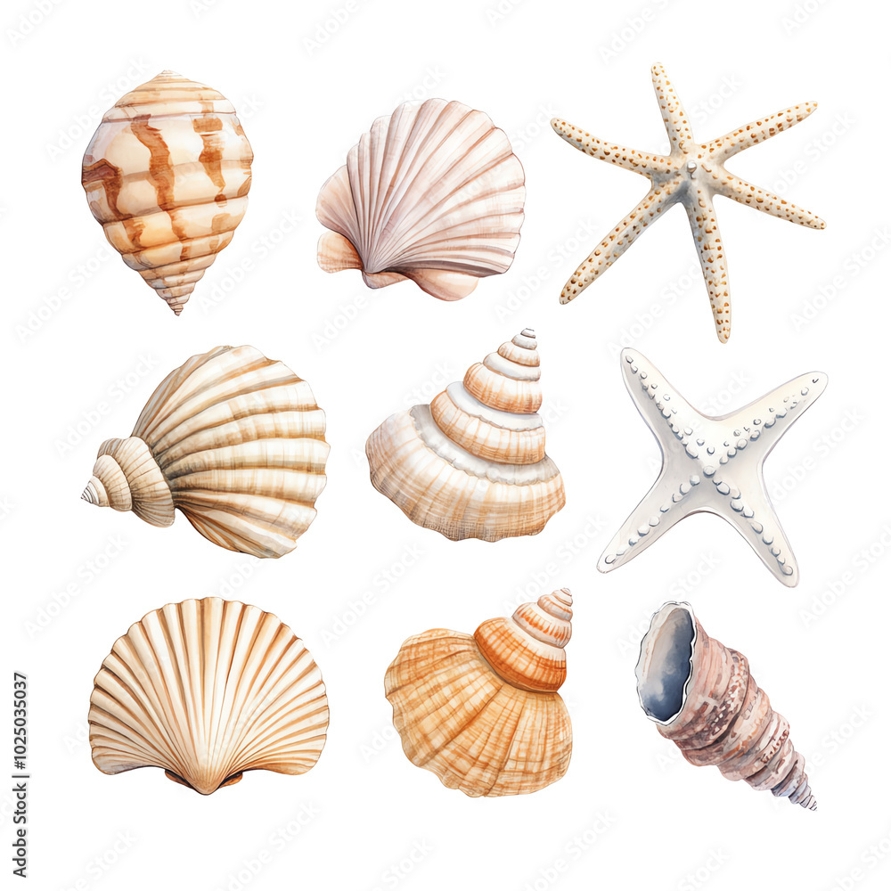 Seashells and starfish, white isolated background. Seashells and starfish, white isolated background.