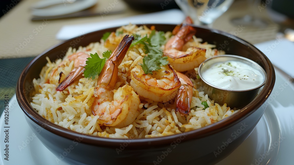A delicious bowl of shrimp biryani garnished with fresh herbs, served with a side of yogurt sauce, showcasing a vibrant blend of flavors and textures. A delicious bowl of shrimp biryani garnished with fresh herbs, served with a side of yogurt sauce, showcasing a vibrant blend of flavors and textures.