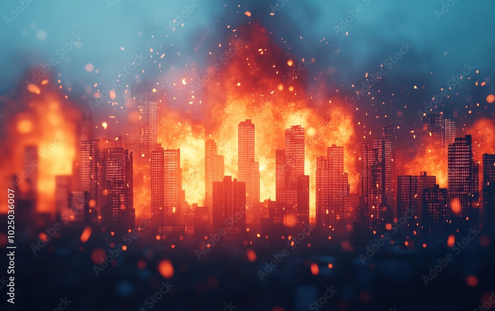 A city skyline engulfed in flames during a dramatic fire, creating a surreal and striking visual contrast. A city skyline engulfed in flames during a dramatic fire, creating a surreal and striking visual contrast.