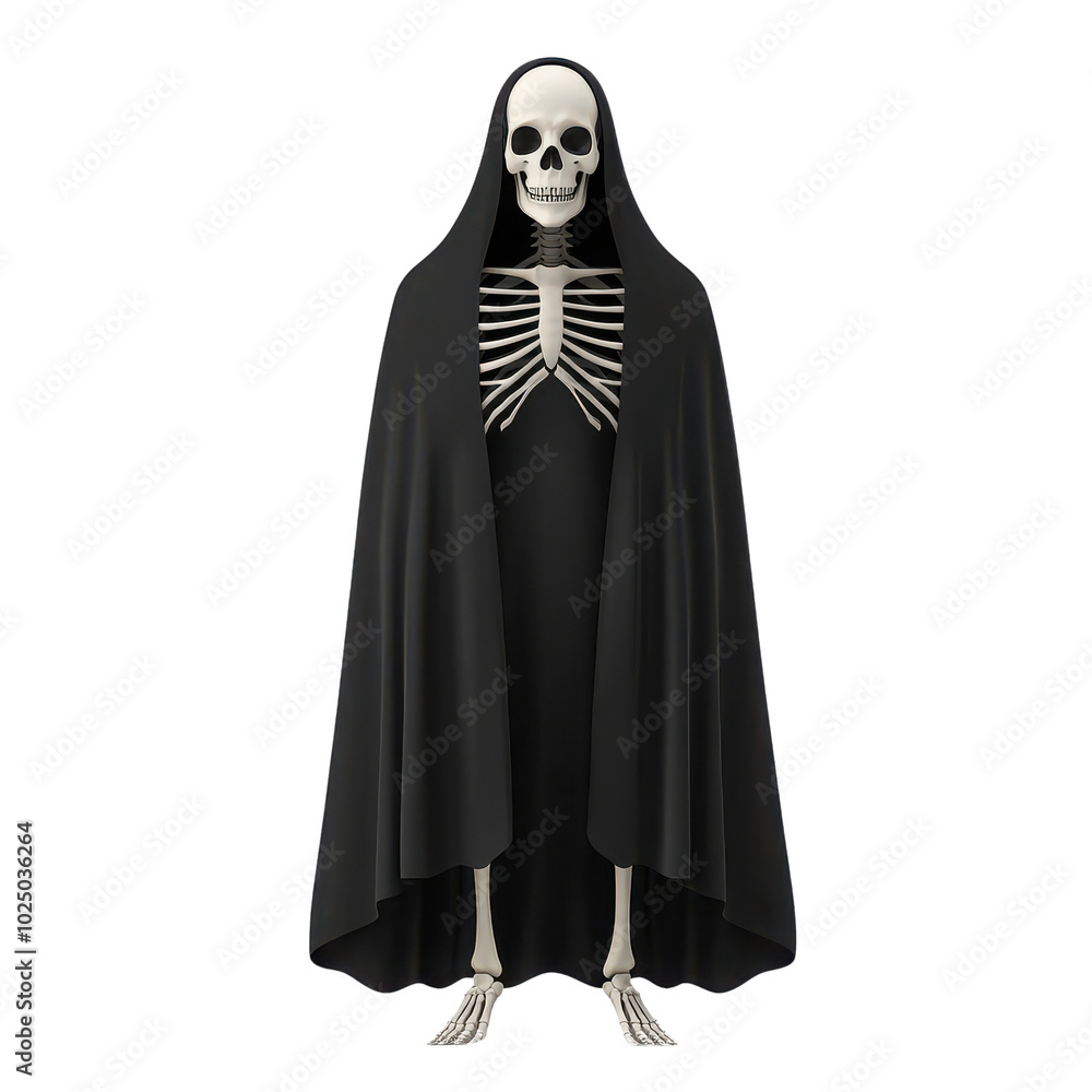 Skeleton in a black cloak on a white isolated background. Skeleton in a black cloak on a white isolated background.