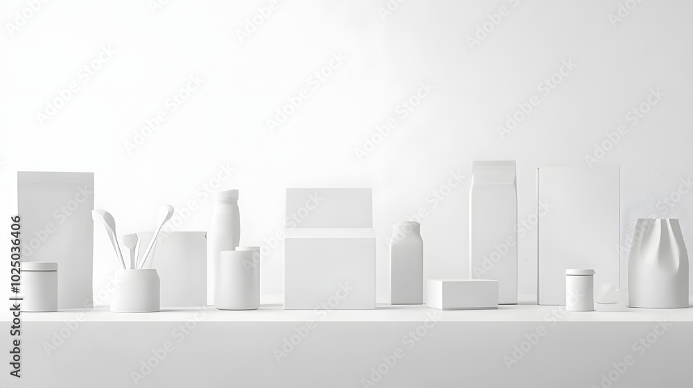 2. An artistic display of blank white mockups showcasing various product shapes, such as boxes, bags, and bottles, set against a clean background, providing ample space for branding and design 2. An artistic display of blank white mockups showcasing various product shapes, such as boxes, bags, and bottles, set against a clean background, providing ample space for branding and design