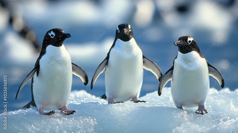 Fototapeta premium Penguins on Icy Shore Antarctic Wildlife Under a Clear Sky
