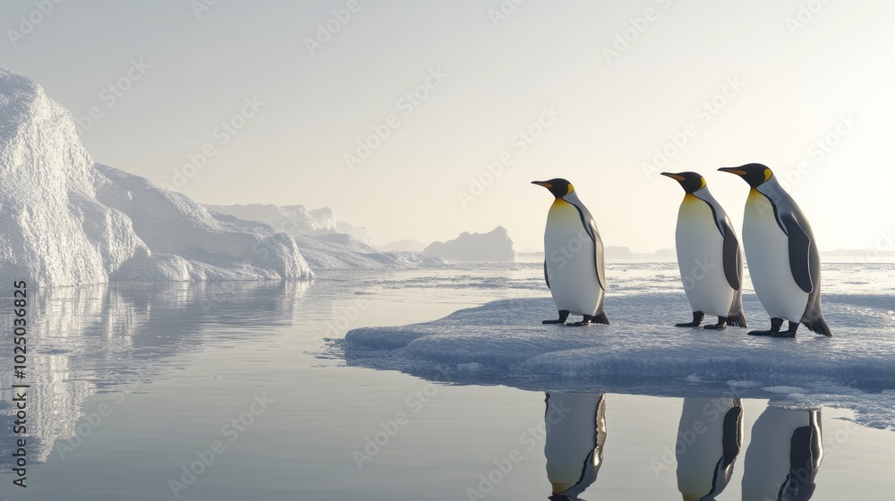 Fototapeta premium Penguins on Icy Shore A Clear Day in Antarctica