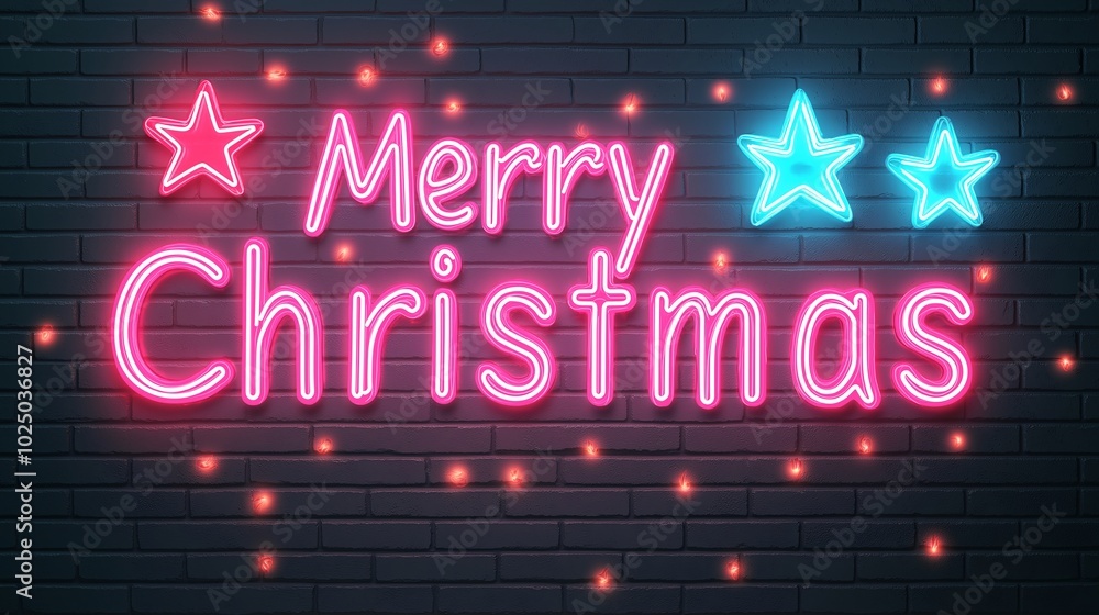 Festive Neon Merry Christmas Sign on Brick Wall Festive Neon Merry Christmas Sign on Brick Wall