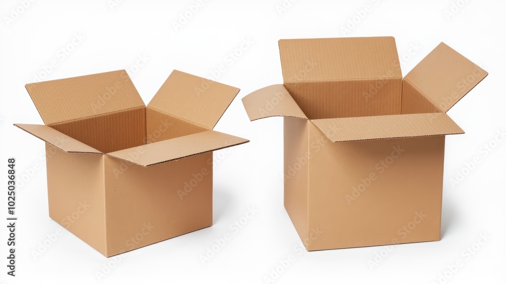 Two open cardboard boxes, one slightly larger, on a white background, showcasing their empty interiors and versatile use for storage or shipping purposes. Two open cardboard boxes, one slightly larger, on a white background, showcasing their empty interiors and versatile use for storage or shipping purposes.