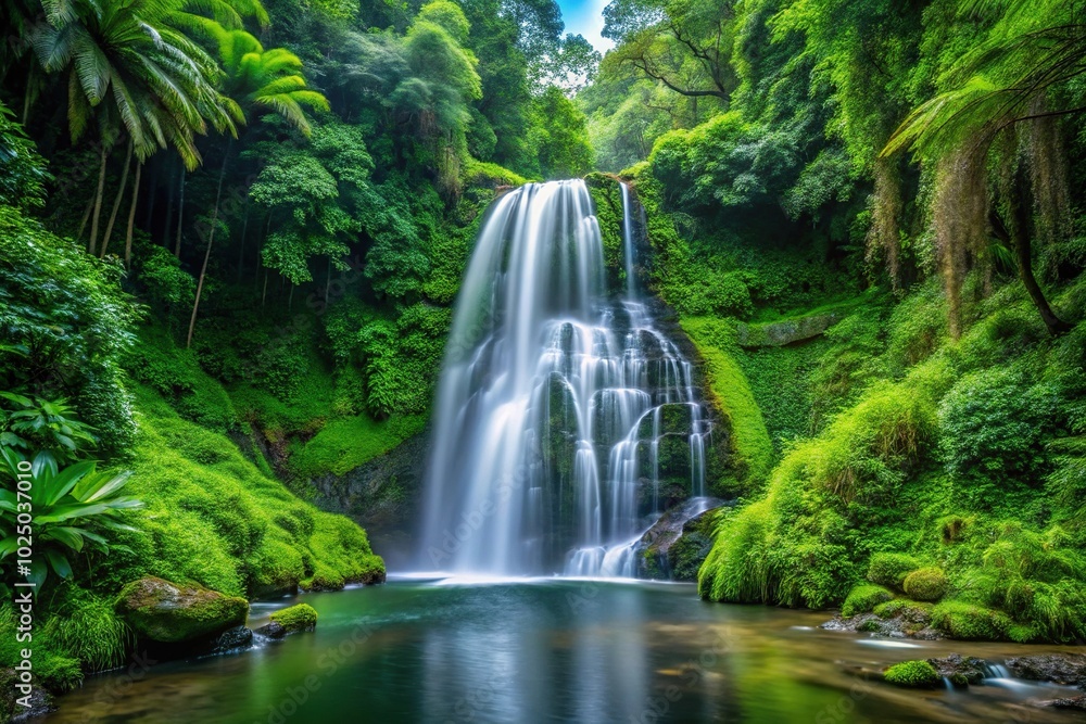 Naklejka premium Waterfall flowing through green foliage