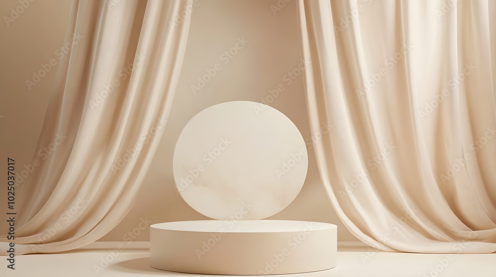 5. A stylish 3D render of a round pedestal positioned in front of a minimal abstract beige background, with satin curtains elegantly waving, providing an ideal setting for showcasing natural cosmetics 5. A stylish 3D render of a round pedestal positioned in front of a minimal abstract beige background, with satin curtains elegantly waving, providing an ideal setting for showcasing natural cosmetics