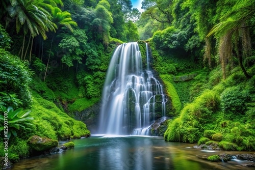 Waterfall flowing through green foliage