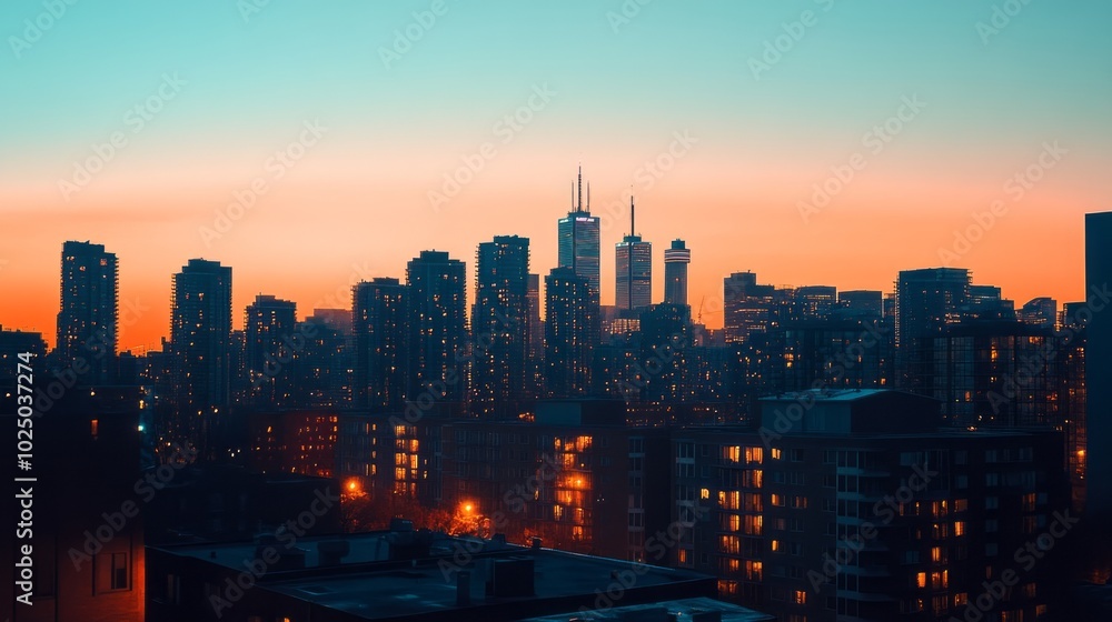 Obraz premium City Skyline at Dusk Twinkling Lights Against a Clear Sky