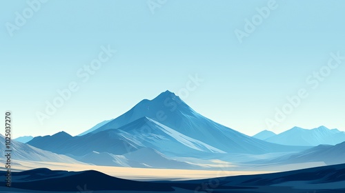 Blue mountains with a blue sky in the background, a desert landscape with sand dunes.