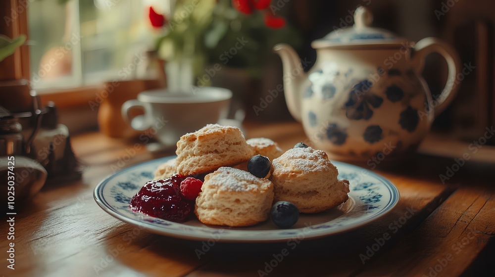 A warm, inviting scene featuring freshly baked scones with berry jam and blueberries, accompanied by a vintage teapot and a cozy atmosphere. A warm, inviting scene featuring freshly baked scones with berry jam and blueberries, accompanied by a vintage teapot and a cozy atmosphere.