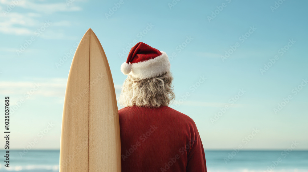 Obraz premium Santa looking at ocean with surfboard, embodying unique blend of holiday spirit and beach vibes. This scene captures whimsical moment of relaxation and joy