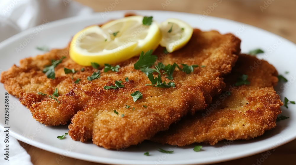 A golden-brown breaded dish garnished with lemon slices and parsley, served on a white plate, creating an appetizing presentation. A golden-brown breaded dish garnished with lemon slices and parsley, served on a white plate, creating an appetizing presentation.
