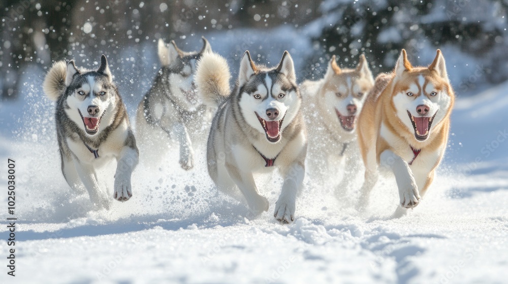 Naklejka premium Husky Power Running Wild in the Winter Wonderland