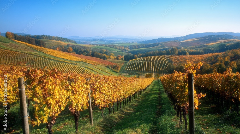 Golden Harvest Rolling Hills Vineyards Under a Blue Sky Golden Harvest Rolling Hills Vineyards Under a Blue Sky