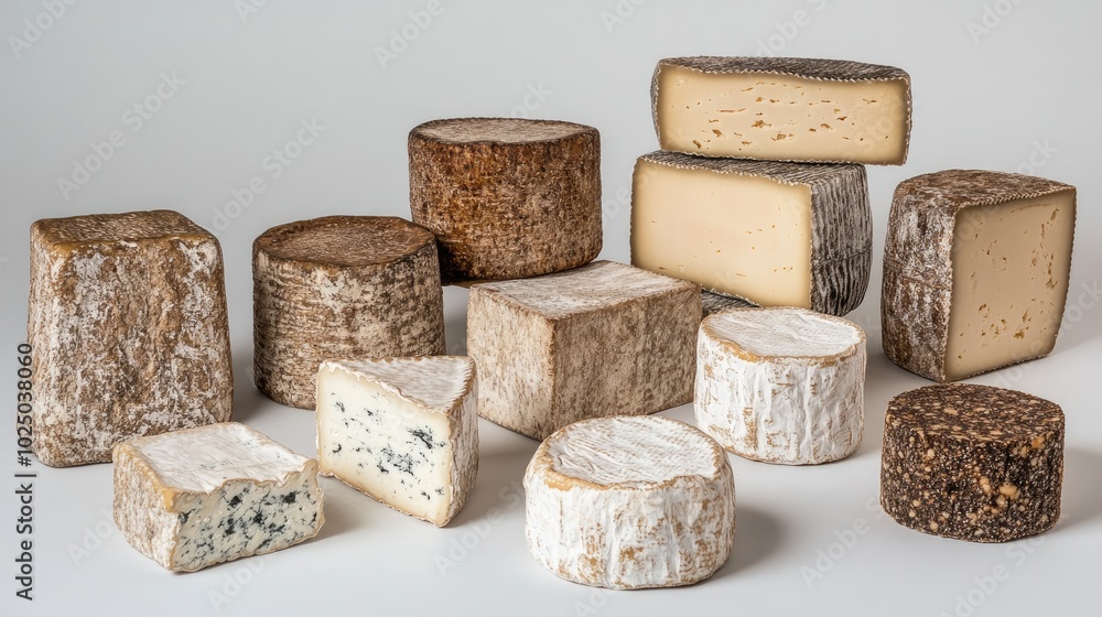 A selection of artisanal cheeses, including Swiss and Brie, on a white background, ready for gourmet presentation or food photography. A selection of artisanal cheeses, including Swiss and Brie, on a white background, ready for gourmet presentation or food photography.