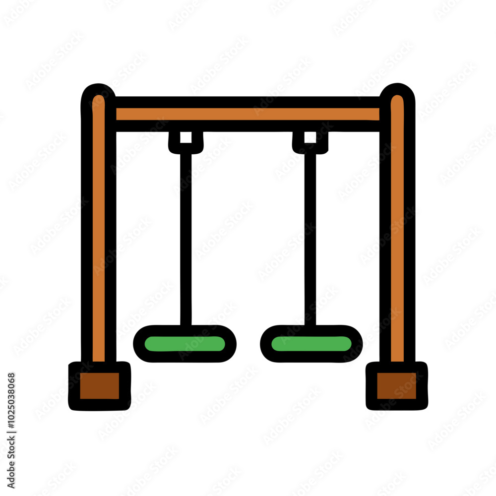 Swing set vector icon, children's playground equipment concept, minimalist line art style, icon on transparent background, low-rise construction theme, green-brown color palette Swing set vector icon, children's playground equipment concept, minimalist line art style, icon on transparent background, low-rise construction theme, green-brown color palette