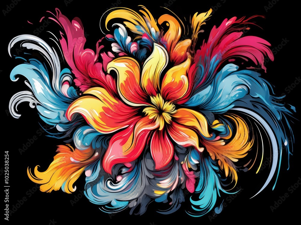 Vibrant swirl of colorful abstract petals on black background. Vibrant swirl of colorful abstract petals on black background.