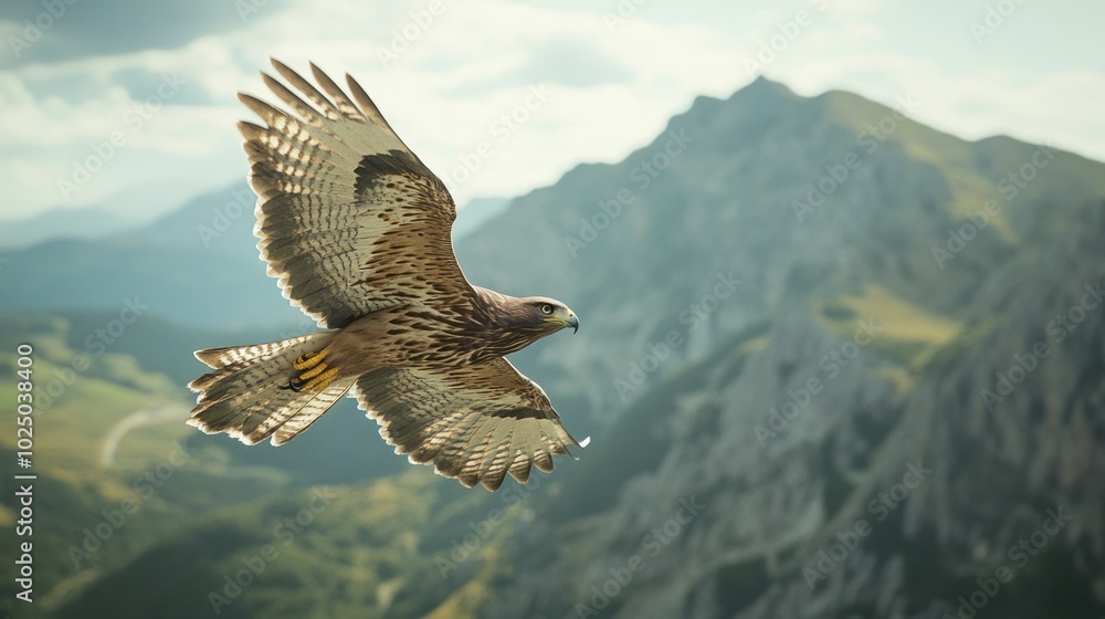 Fototapeta premium Majestic Hawk Soaring Above Mountain Peaks
