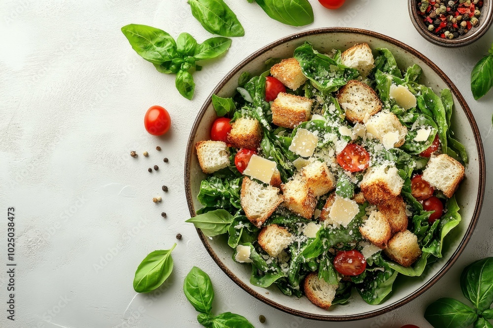 Classic Caesar salad with croutons and parmesan, placed on the right side of a clean white table, professional overhead shot. Classic Caesar salad with croutons and parmesan, placed on the right side of a clean white table, professional overhead shot.
