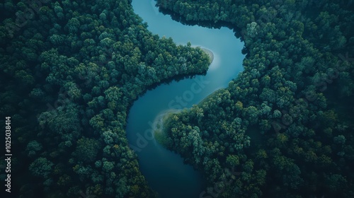 shot from above of a river running through a dense forest
