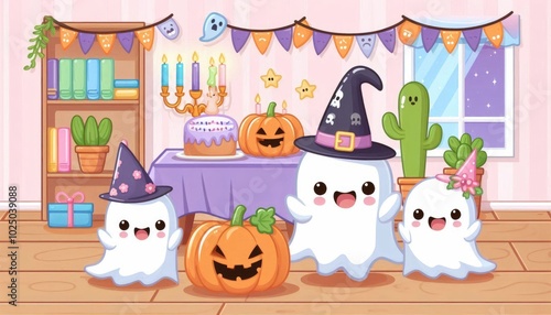 Cute little ghost on Halloween, cheerful birthday party scene with colorful party hats, balloons and festive decorations. The design combines festive elements, with a cartoon-like style with fun.