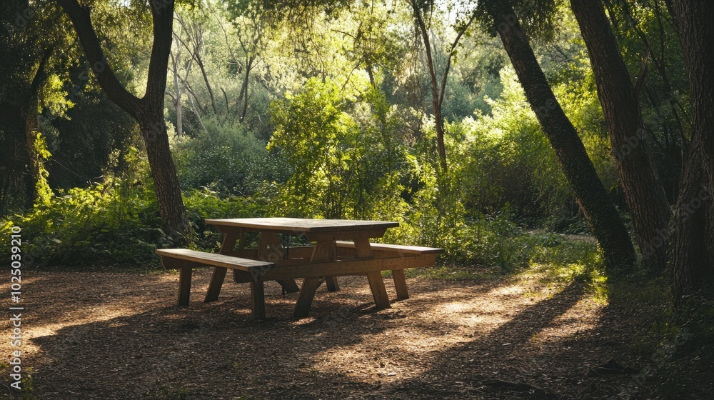 A unique outdoor meeting in a forest, with a wooden picnic table set up for a small group, surrounded by dappled sunlight and fresh air, enhancing focus and creativity A unique outdoor meeting in a forest, with a wooden picnic table set up for a small group, surrounded by dappled sunlight and fresh air, enhancing focus and creativity