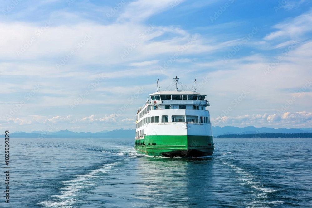 Ferry sailing across the tranquil waters under a clear blue sky Ferry sailing across the tranquil waters under a clear blue sky