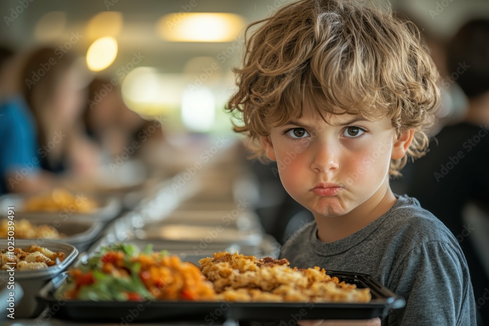 A child sitting in a cafeteria eating alone with a tray full of junk food looking downcast A child sitting in a cafeteria eating alone with a tray full of junk food looking downcast