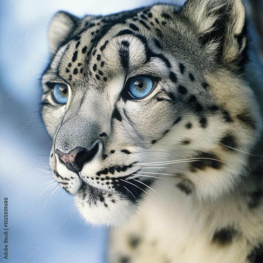 Obraz premium Snow Leopards Mesmerizing Gaze Piercing Blue Eyes in the Wild