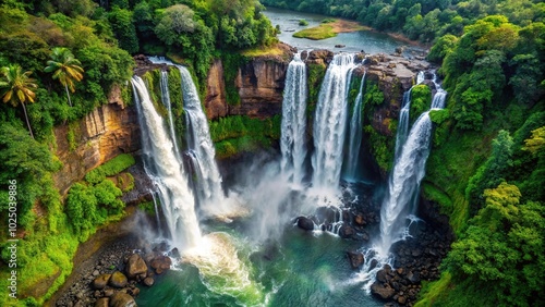 tropical waterfall rushing over cliff in Hawaii